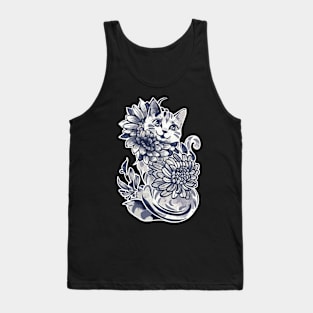 Playful Feline Amidst Floral Beauty - Monochromatic Cat Illustration Tank Top